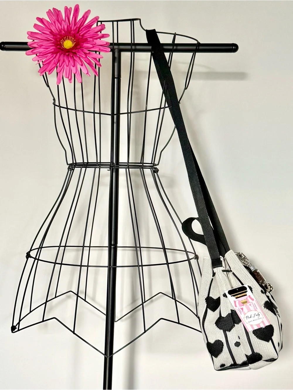 New I Love Coffee Theme Black Hearts Print Bucket Bag Crossbody Purse w/ Charm